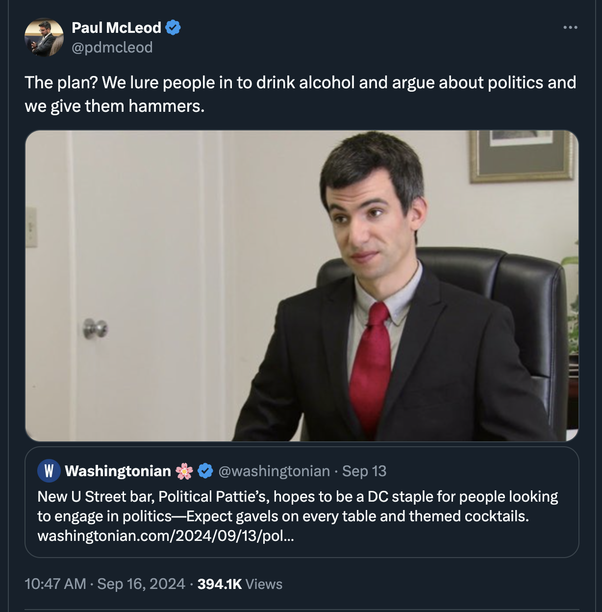 nathan fielder the plan - Paul McLeod The plan? We lure people in to drink alcohol and argue about politics and we give them hammers. W Washingtonian Sep 13 New U Street bar, Political Pattie's, hopes to be a Dc staple for people looking to engage in poli